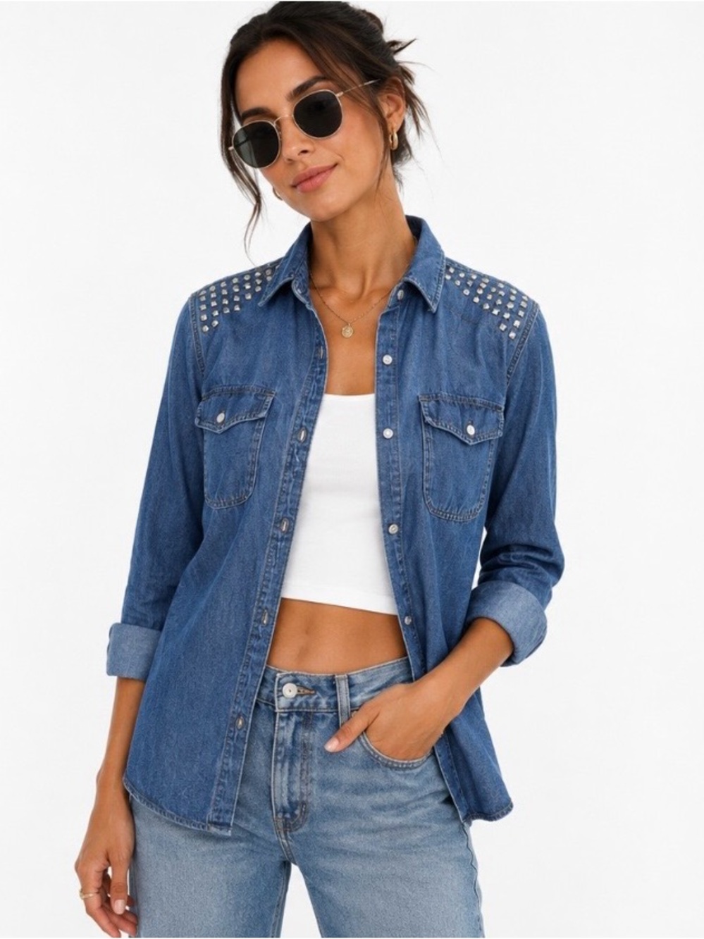 GAP 969 Blue Denim Shirt with Studded Shoulder Detail Size S
